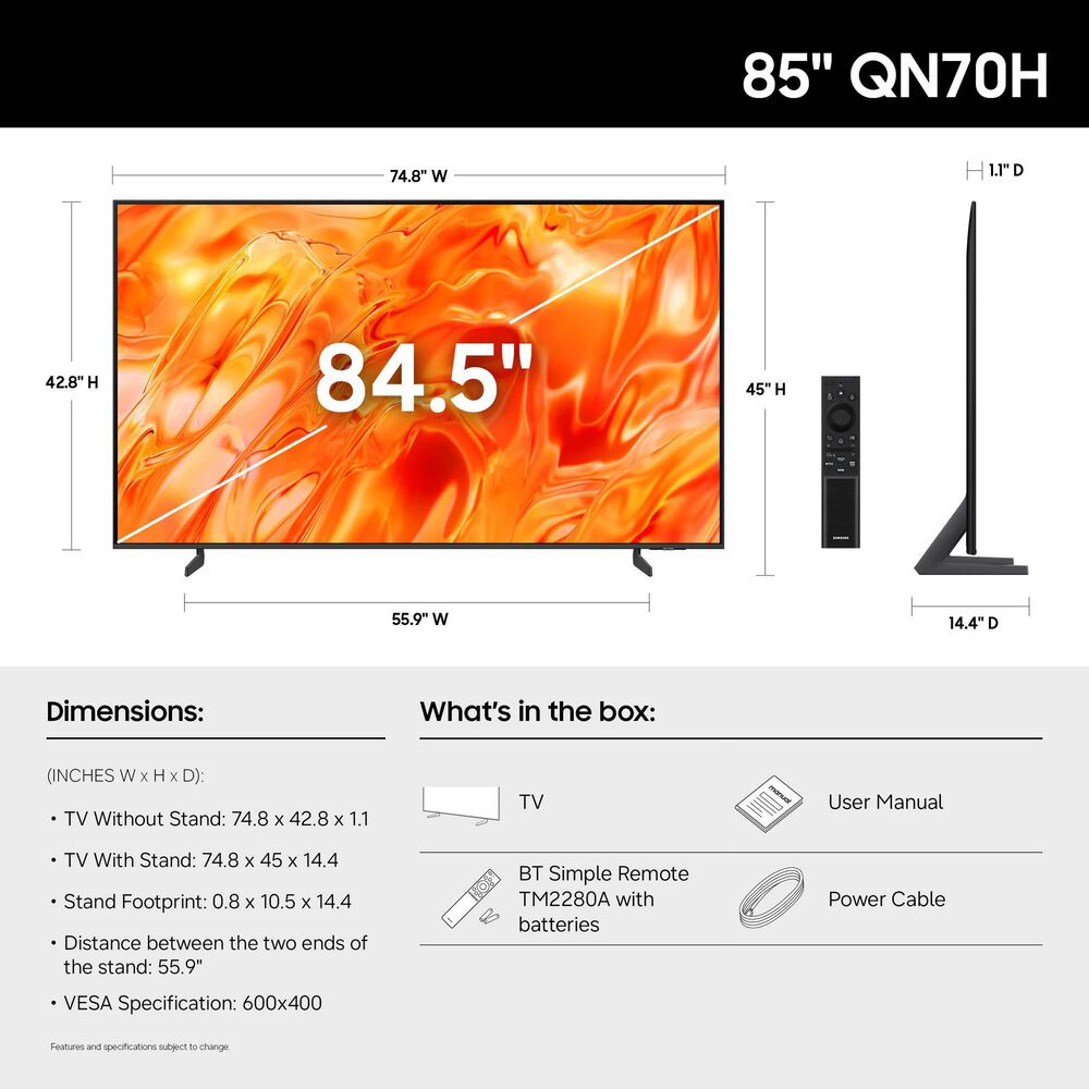 Samsung 85" Class QN70H Series Neo QLED Samsung Vision AI Smart TV with Q-Series 3.1.2 Channel Soundbar System in Titan Gray, Black and Titan Black, , large