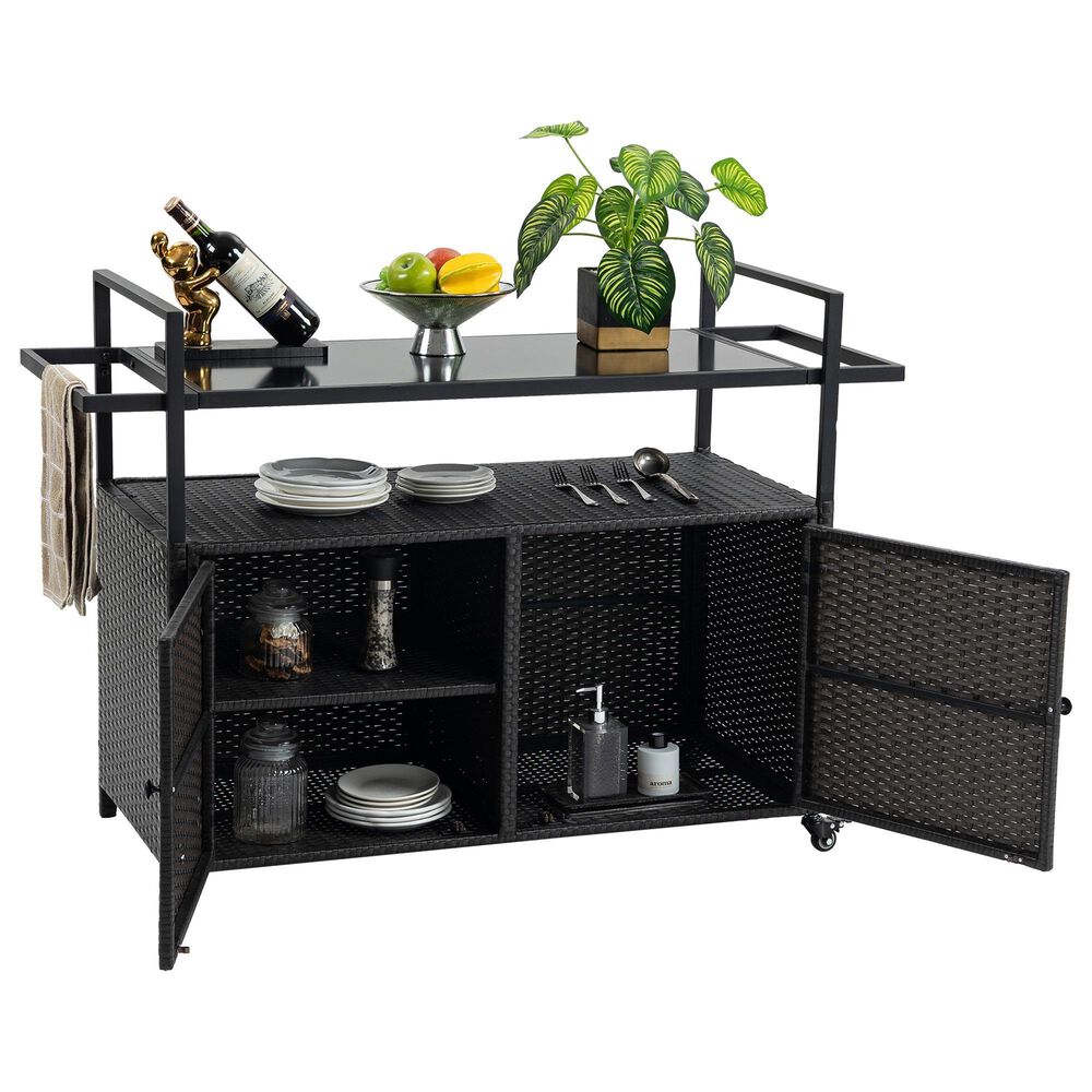 Hearth and Haven Patio Bar Cart with Glass Top and Storage Cabinet in Black, , large