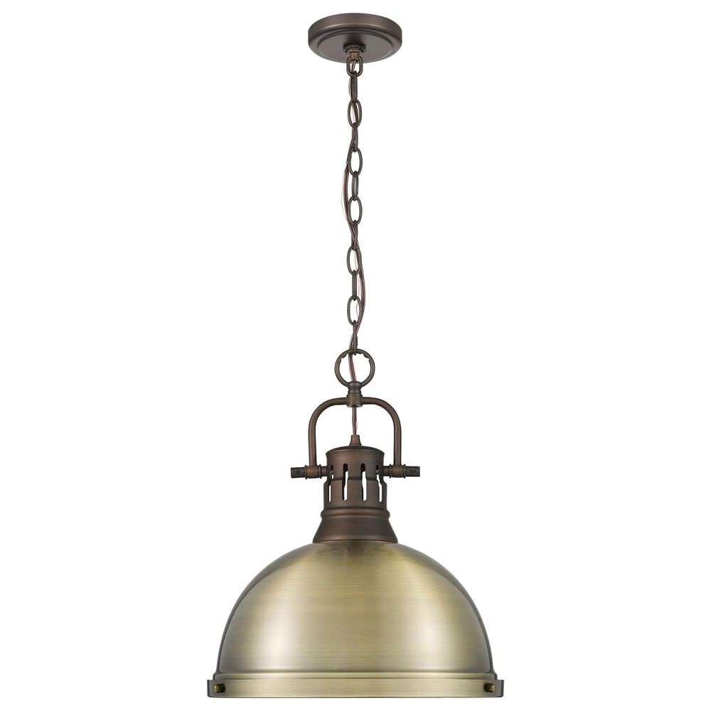 Golden Lighting Duncan 1-Light Pendant with Chain and Aged Brass Shade in Rubbed Bronze, , large
