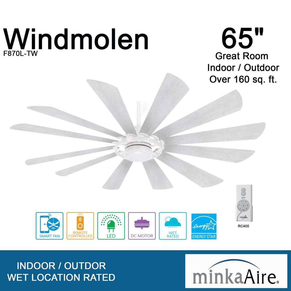 Minka-Aire Windmolen 65" Indoor/Outdoor Smart Ceiling Fan with LED Light in Textured White, , large