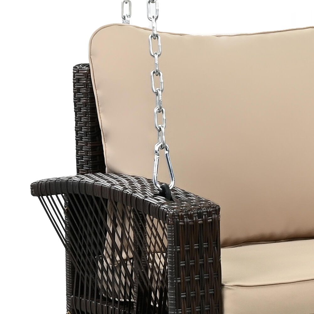 Hearth and Haven Go Outdoor 3-Seater PE Rattan Wicker Porch Swing Bench in Beige, , large