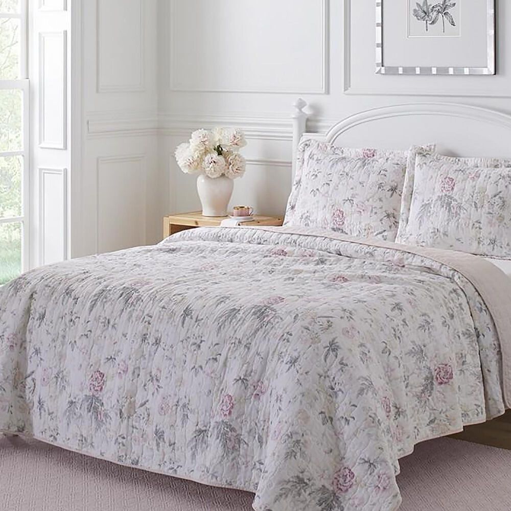 Revman Breezy Floral 3-Piece King Quilt Set in Pastel Grey, , large