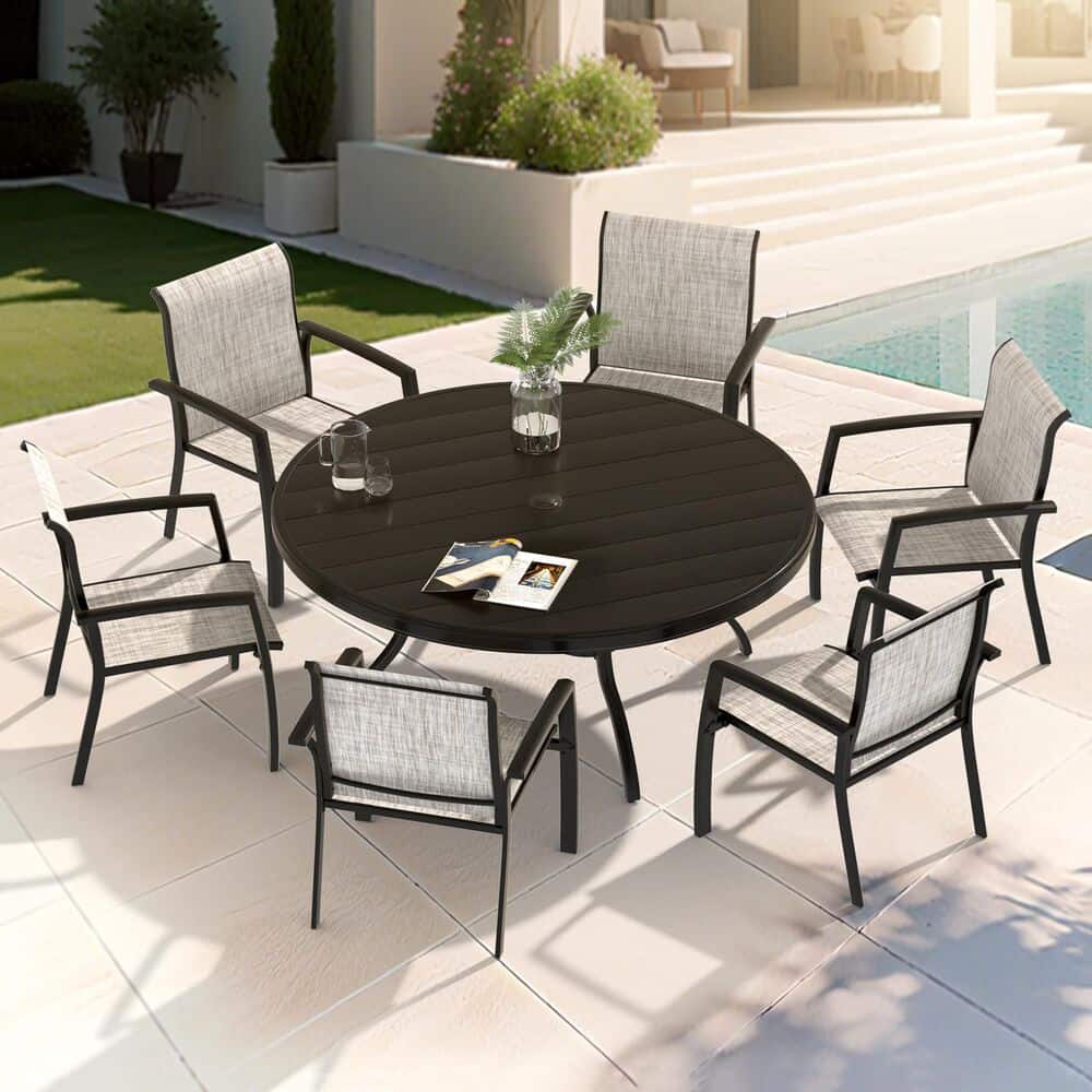 Hearth and Haven 7-Pieces Outdoor Dining Set with Stackable Chairs and Round Table in Black, , large