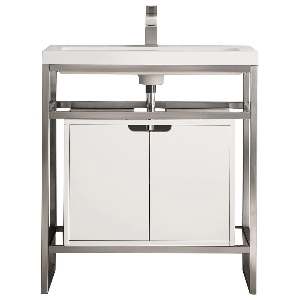 James Martin Vanities Boston 31.5" Single White Door Bathroom Vanity in Brushed Nickel with 3 cm White Glossy Resin Countertop and Rectangular Sink, , large