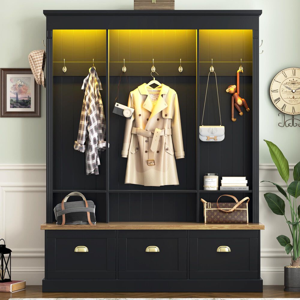 HOMLUX 9-Hook Hall Tree with 3-Cabinet in Black and Natural, , large