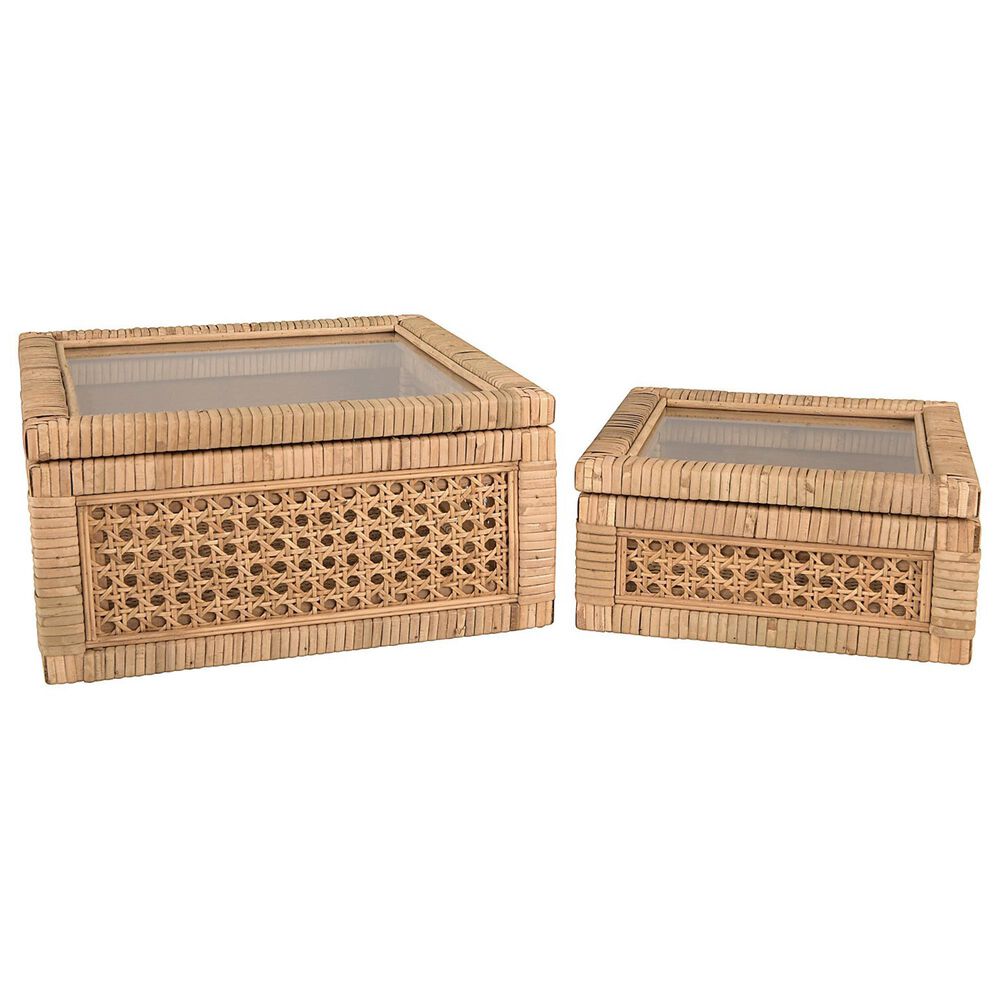 Creative Coop 2-Piece Woven Wood and Rattan Display Boxe with Glass Lid Set in Natural, , large