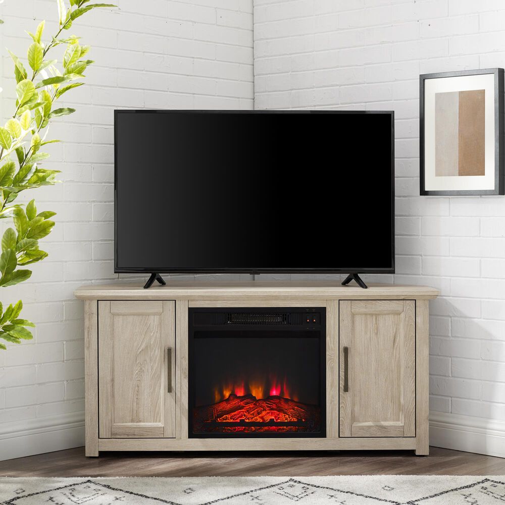 Crosley Furniture Camden 48&quot; Corner TV Stand with Fireplace in Frosted Oak, , large