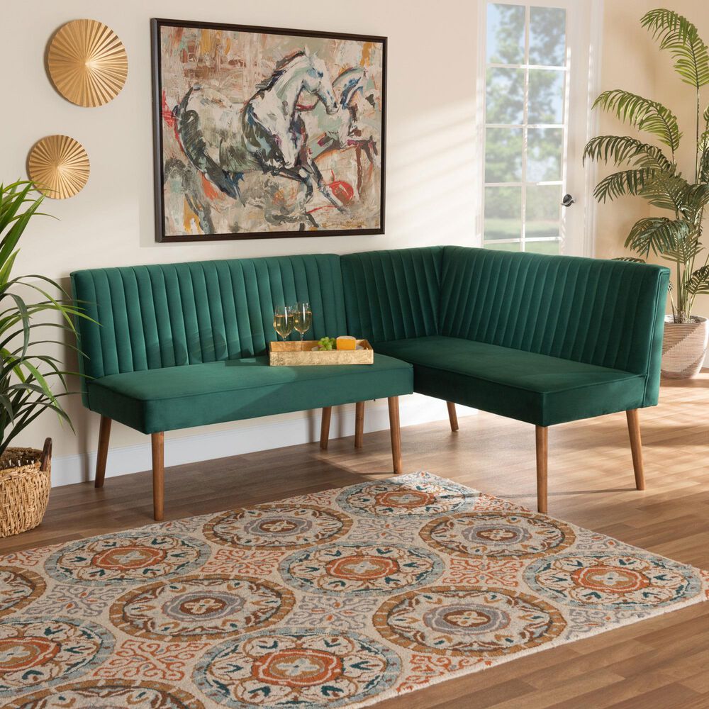 Baxton Studio Alvis 2-Piece Dining Nook Banquette Set with Green Velvet in Walnut Brown, , large