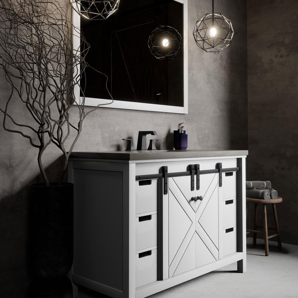 Lexora Home Marsyas 48&quot; Single Bathroom Vanity in White with Grey Quartz Top and Rectangular Sink, , large