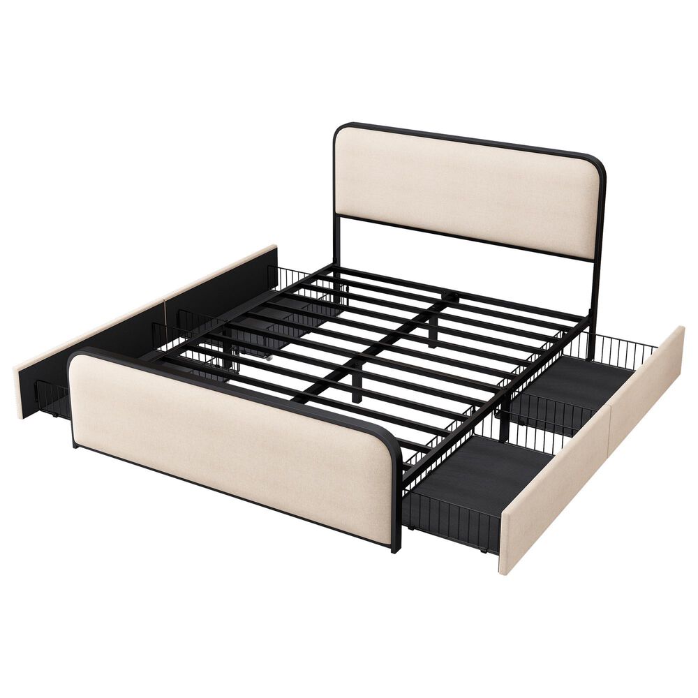 Hearth and Haven King Storage Bed Platform with Upholstered Headboard in Beige, , large