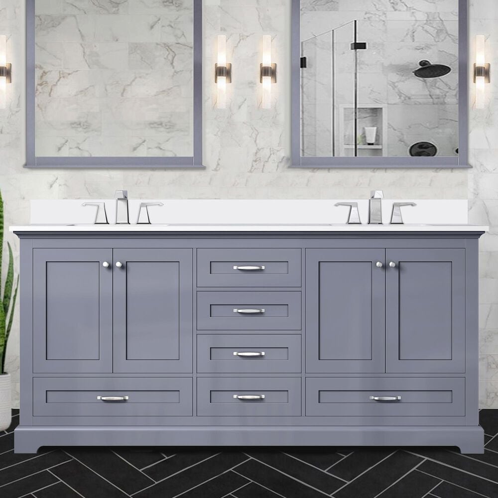 Lexora Home Dukes 72&quot; Double Bathroom Vanity in Dark Grey with 2 cm White Cultured Marble Top and Rectangular Sinks, , large