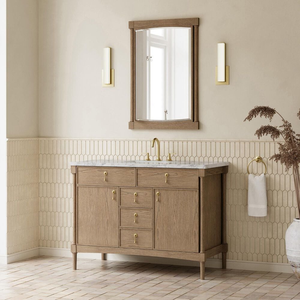 James Martin Kinnsden 48" Single Bathroom Vanity in Weathered Oak with 3 cm Carrara Marble Top and Rectangular Sink, , large