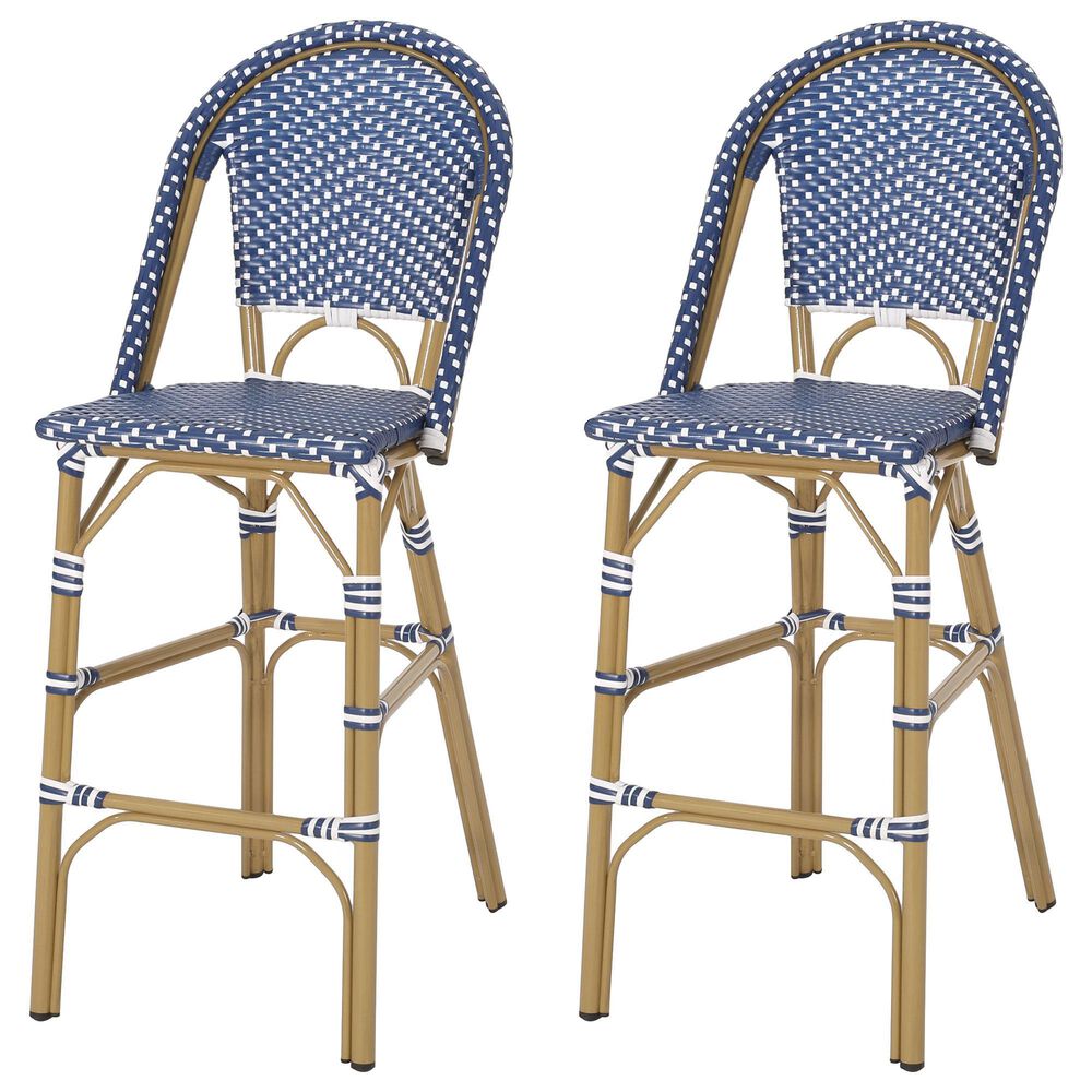 Hearth and Haven Outdoor Wicker French Barstool with Brown Aluminum Frame in Teal Blue (Set of 2), , large