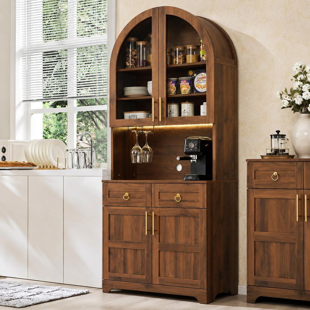HOMLUX 75" Arched Kitchen Pantry Cabinet with LED Light in Walnut, , large