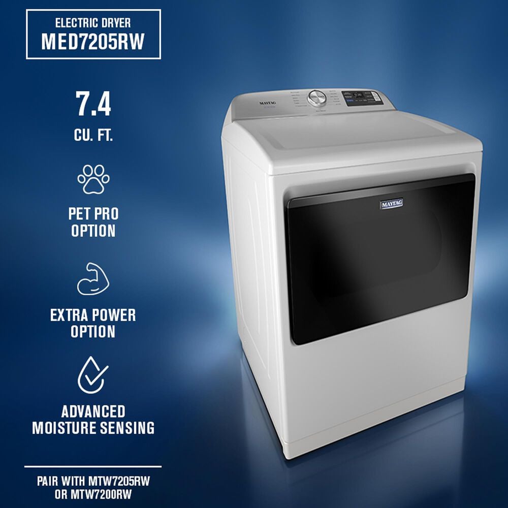 Maytag 5.2 Cu. Ft. Smart Pet Pro Top Load Agitator Washer and 7.4 Cu. Ft. Smart Electric Top Load Dryer Laundry Pair in White, , large