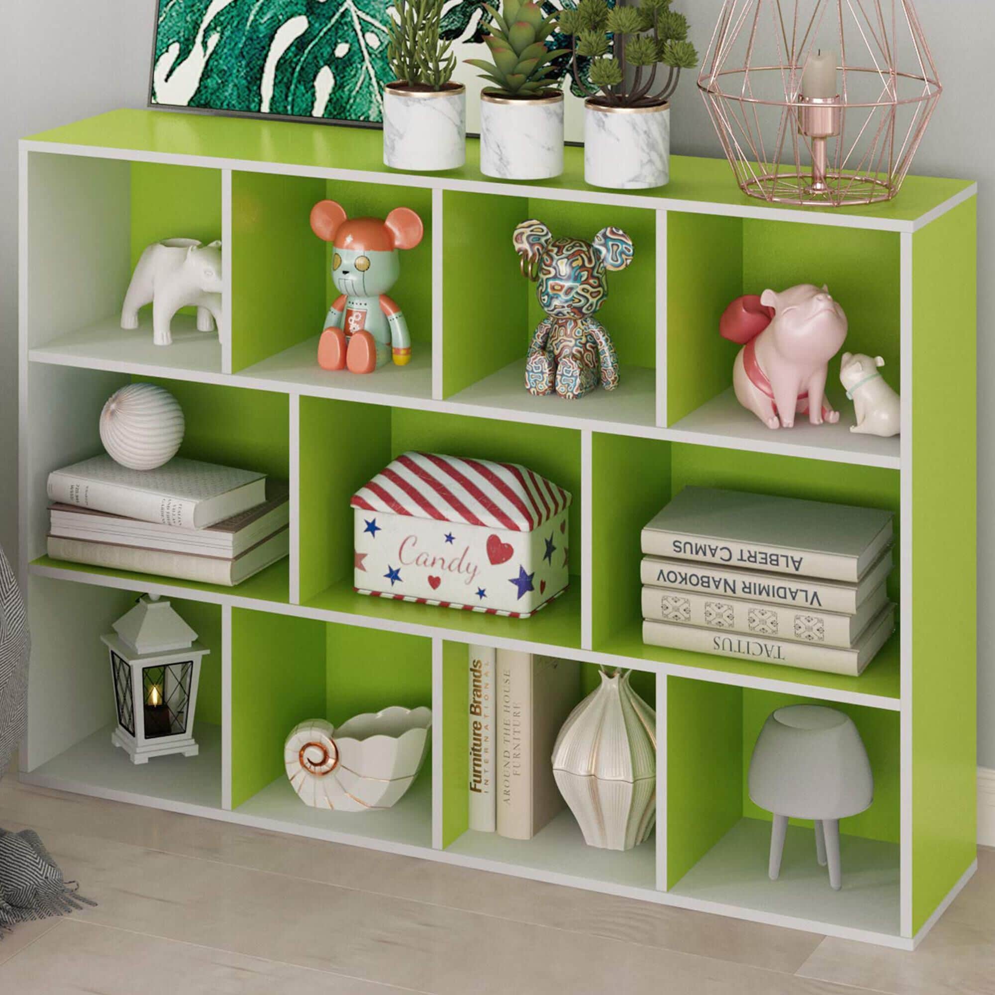 HOMLUX 11-Cube Reversible Open Shelf Bookshelf in Green and White