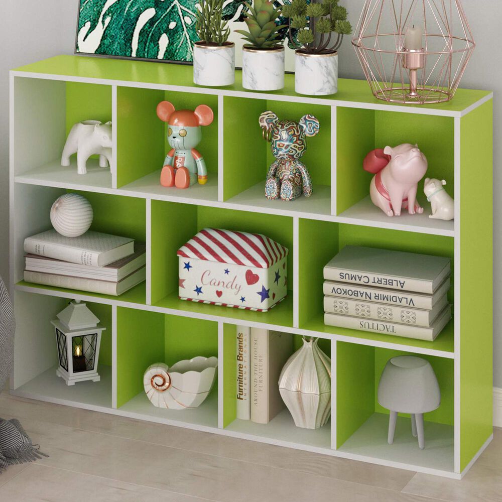 HOMLUX 11-Cube Reversible Open Shelf Bookshelf in Green and White, , large
