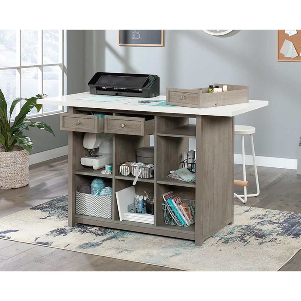 Sauder Craft Pro Work Table with Storage in White and Mystic Oak, , large