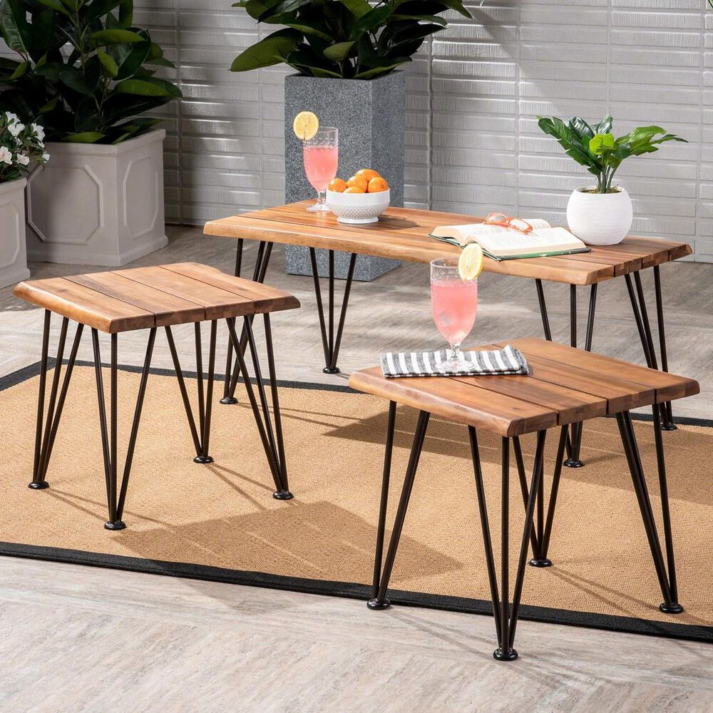 Hearth and Haven Zion 3-Piece Outdoor Coffee Table and Accent Table Set with Metal Hairpin Legs in Teak, , large