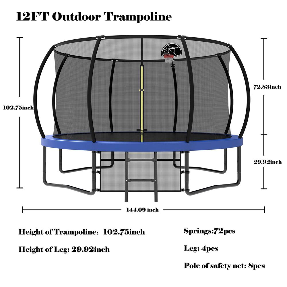 HOMLUX 12' Outdoor Trampoline with Basketball Hoop in Blue, , large