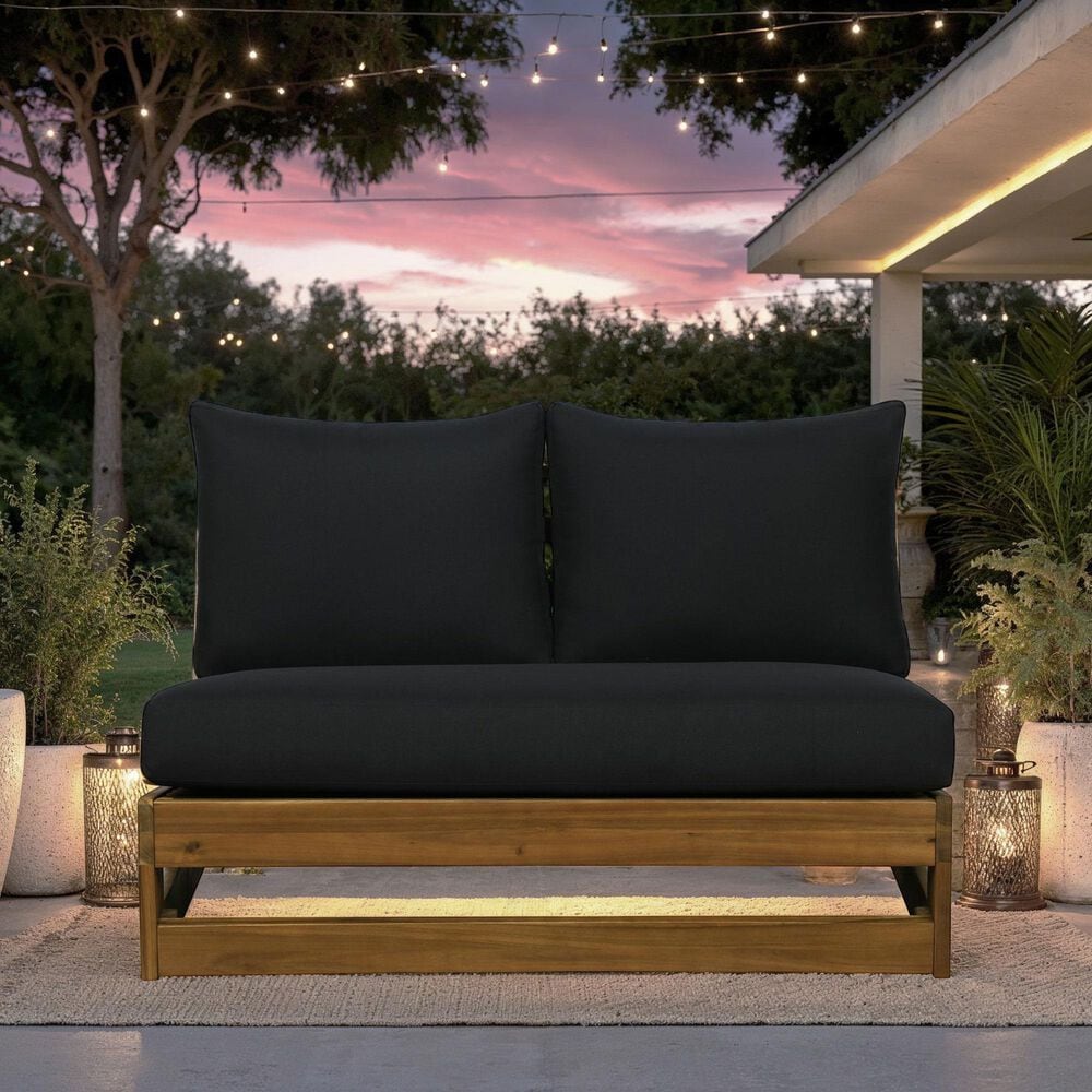 Linon Home Decor Silbury Outdoor Bench with Black Cushion in Warm Teak, , large