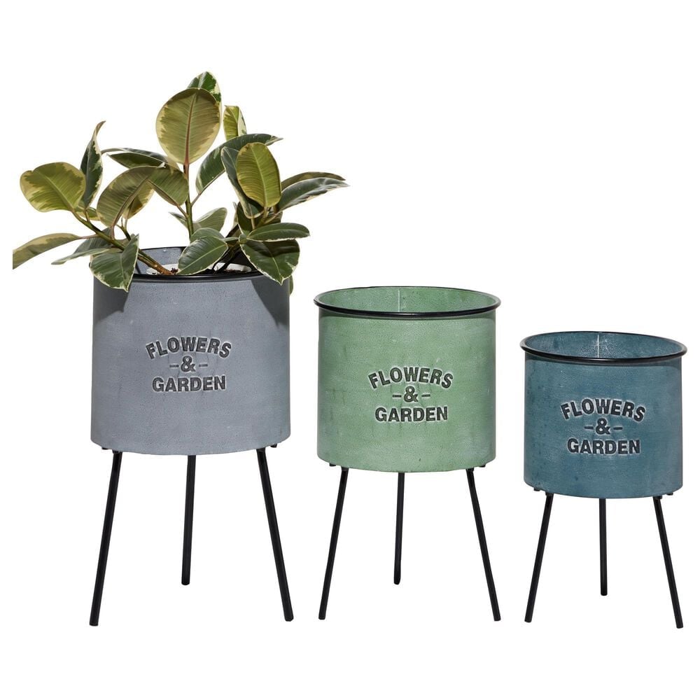 Maple and Jade Flowers and Garden Text Planter in Whitewashed Blue, Green and Gray (Set of 3), , large