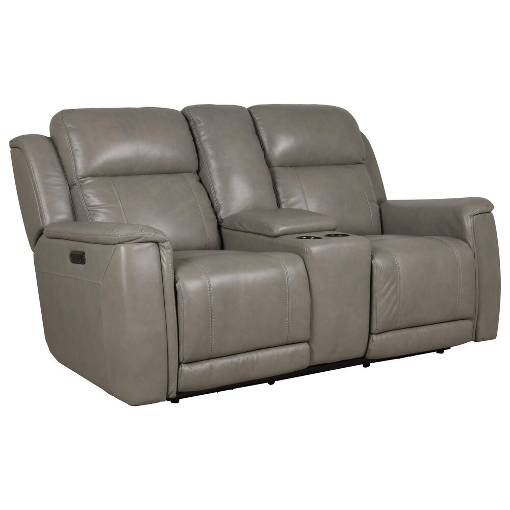 Bassett Leather Power Reclining Console Loveseat with Power Headrest and Lumbar in Light Gray, , large