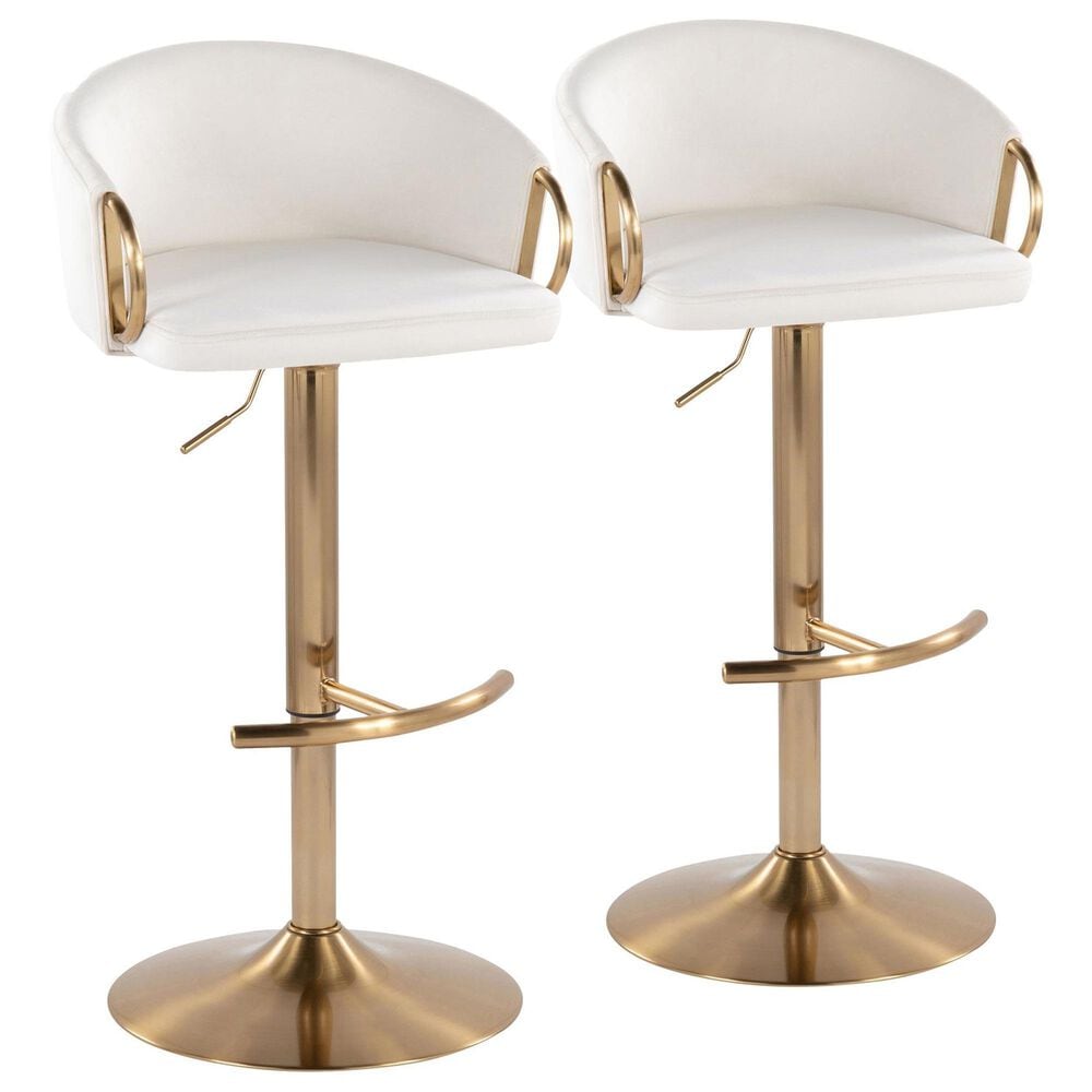 LumiSource Claire Swivel Adjustable Barstool with Cream Velvet Upholstery in Gold (Set of 2), , large