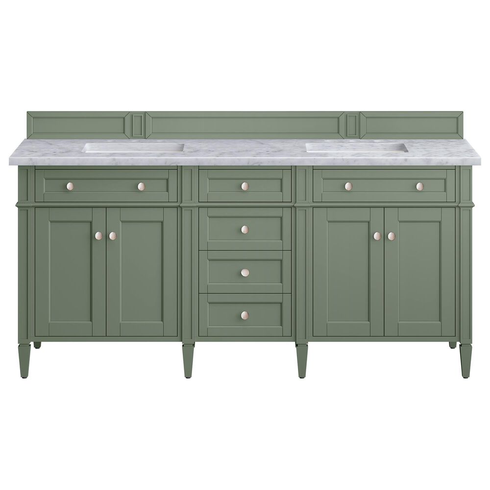 James Martin Vanities Brittany 72" Double Bathroom Vanity in Smokey Celadon with 3 cm Carrara White Marble Top and Rectangular Sinks, , large