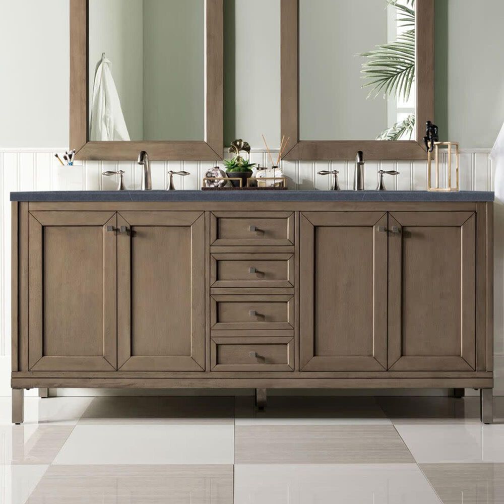 James Martin Vanities Chicago 72&quot; Double Bathroom Vanity in Whitewashed Walnut with 3 cm Charcoal Soapstone Quartz Top and Rectangular Sinks, , large