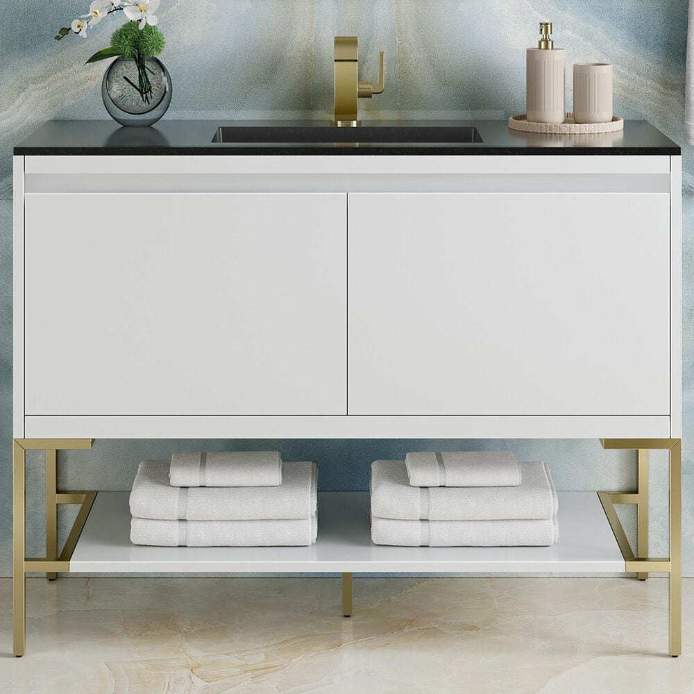 James Martin Vanities Mantova 47.3&quot; Single Vanity in Glossy White and Champagne Brass with 3 cm Charcoal Black Composite Stone Top and Rectangular Sink, , large