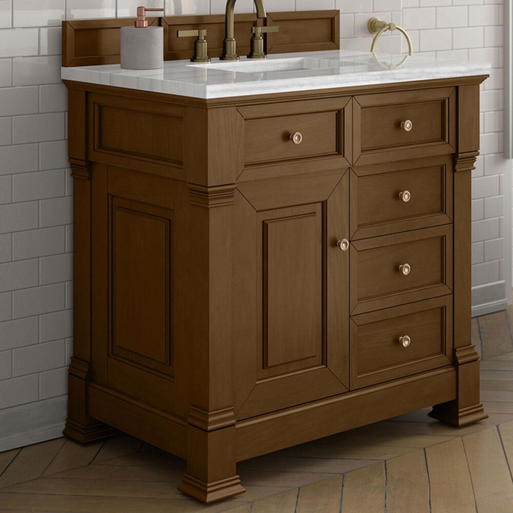 James Martin Vanities Brookfield 36&quot; Single Bathroom Vanity in Honey Oak with 3 cm Arctic Fall Solid Surface Top and Rectangular Sink, , large