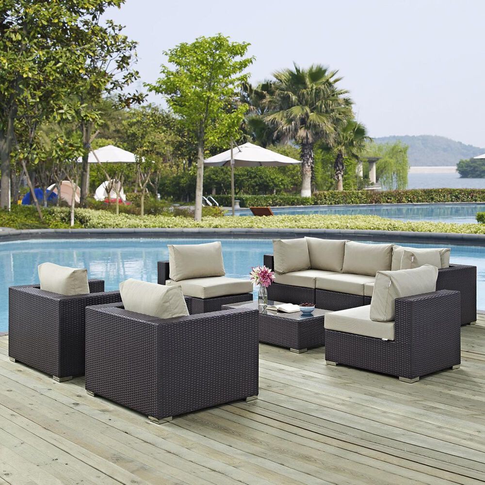 Modway Convene 8-Piece Outdoor Patio Sectional Conversation Set in Espresso and Beige, , large