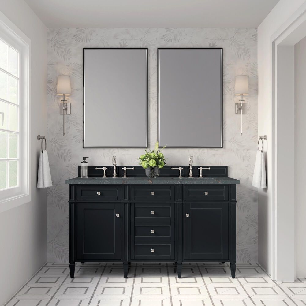 James Martin Vanities Brittany 60&quot; Double Bathroom Vanity in Black Onyx with 3 cm Parisien Bleu Quartz Top and Rectangular Sinks, , large