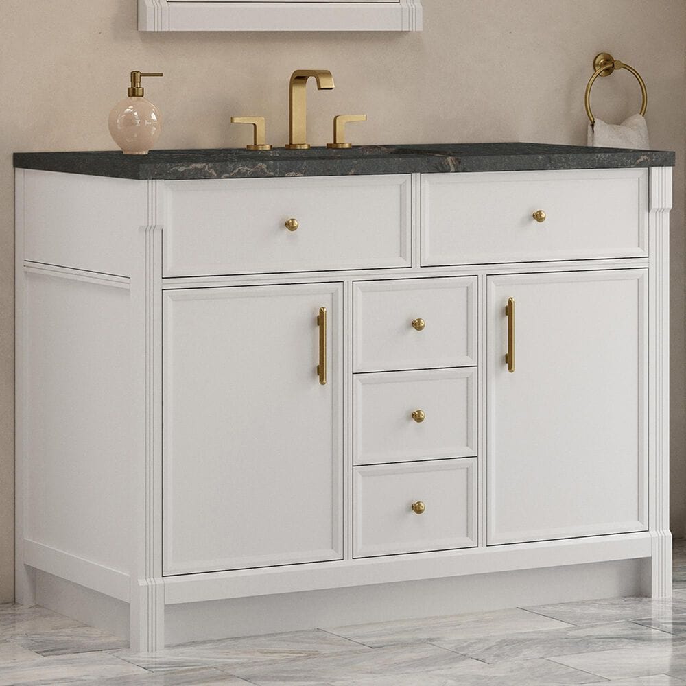James Martin Bellshire 48" Single Bathroom Vanity in Bright White with 3 cm Parisien Bleu Silestone Top and Rectangular Sink, , large