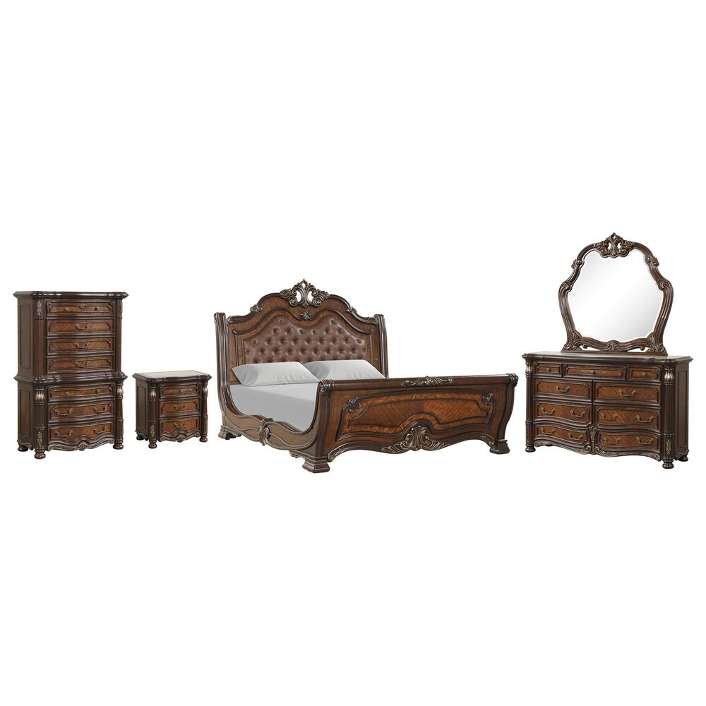 New Heritage Design Bella Note 5-Piece King Sleigh Bedroom Set in Mahogany Brown and Antique Gold, , large