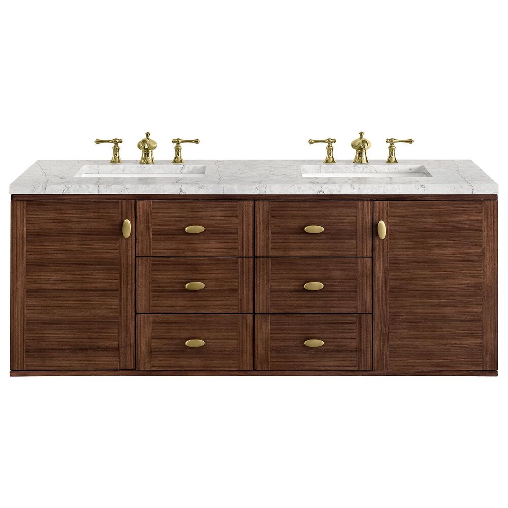 James Martin Vanities Amberly 60&quot; Double Bathroom Vanity in Walnut with 3 cm Eternal Jasmine Pearl Quartz Top and Rectangular Sinks, , large