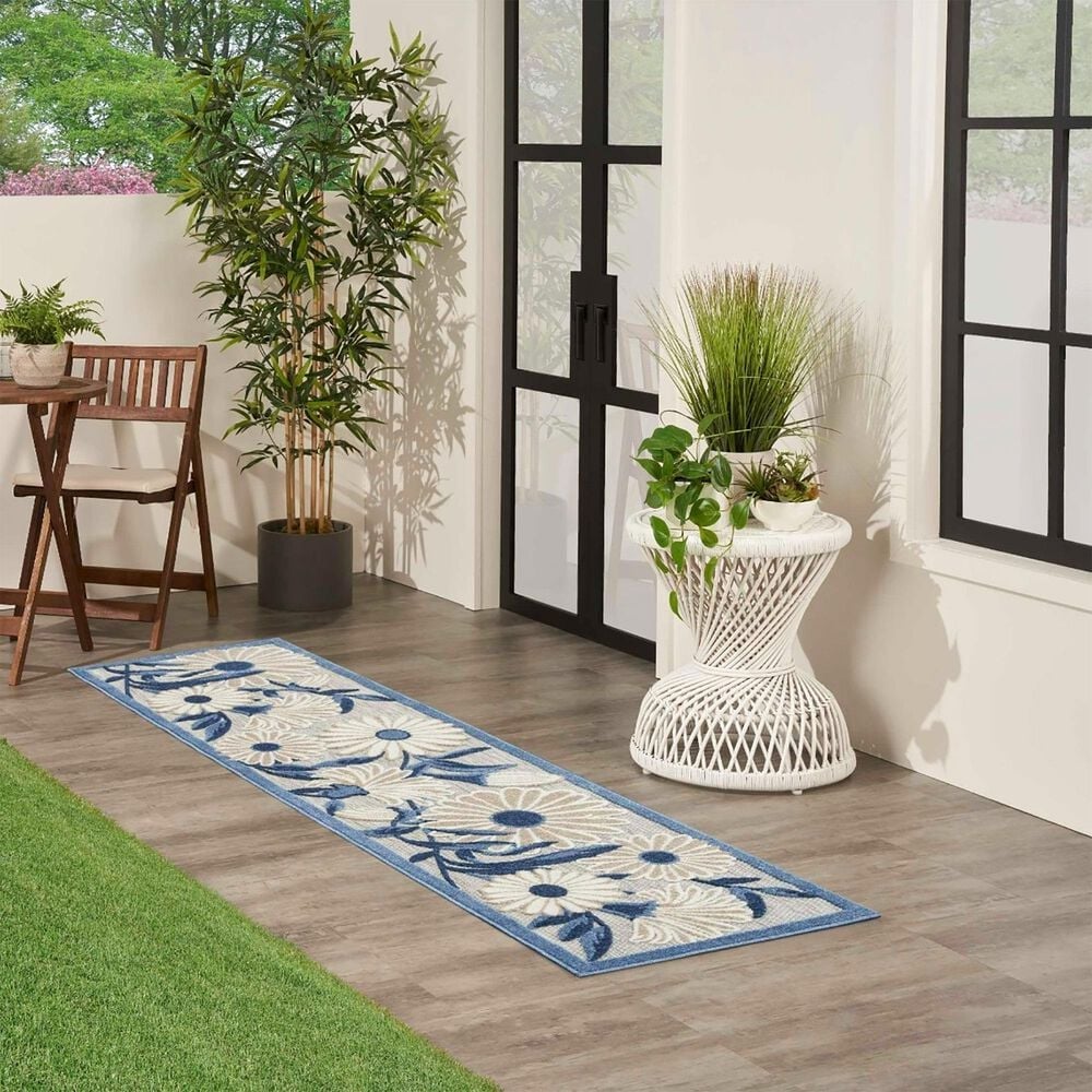 Nourison Aloha 2&#39;3&quot; x 12&#39; Blue and Grey Indoor/Outdoor Runner, , large