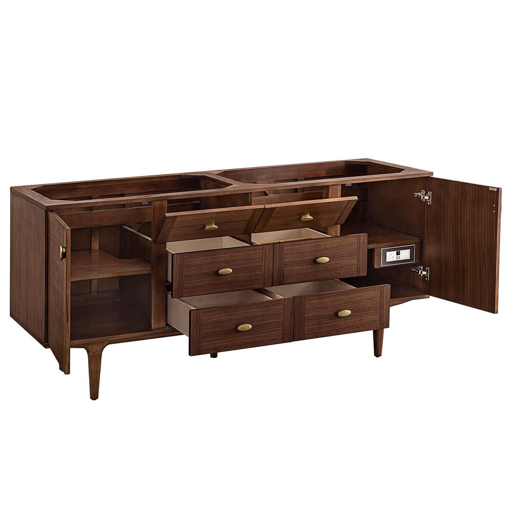 James Martin Vanities Amberly 72&quot; Double Bathroom Vanity in Mid-Century Walnut with Single Hole 3 cm White Zeus Quartz Top and Rectangular Sinks, , large
