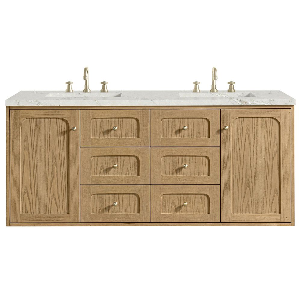 James Martin Vanities Laurent 60&quot; Double Bathroom Vanity in Light Natural Oak with 3 cm Victorian Silver Quartz Top and Rectangular Sinks, , large
