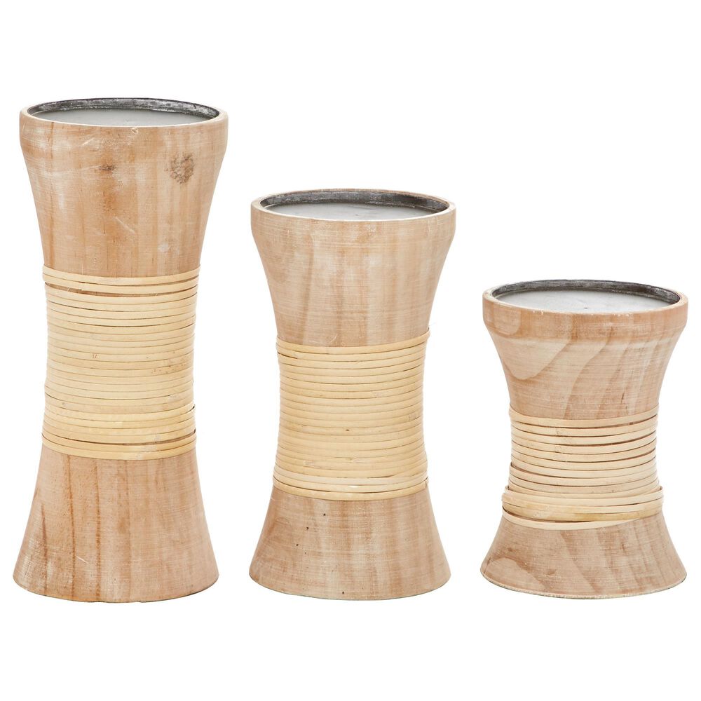 Maple and Jade Coastal Wood Candle Holder in Natural Brown (Set of 3), , large