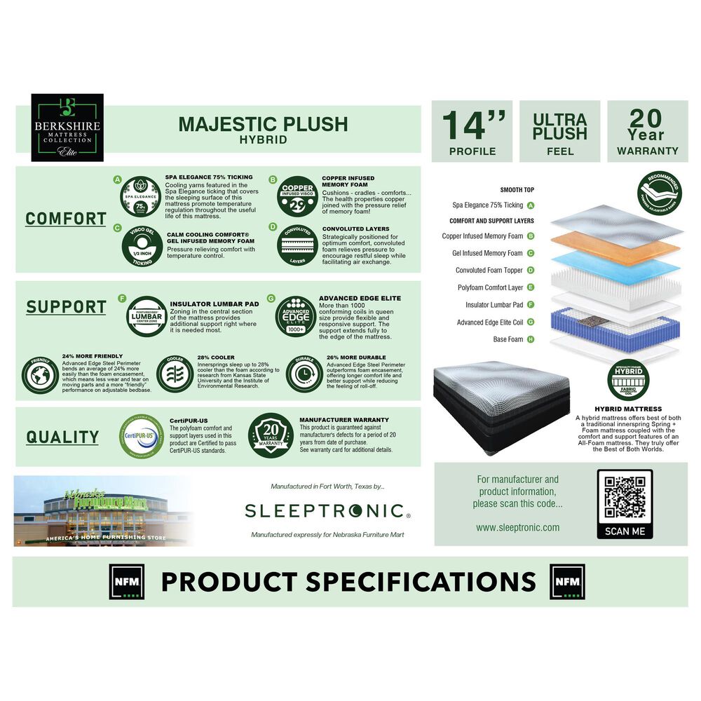 Sleeptronic Berkshire Majestic Hybrid Plush Full Mattress, , large