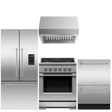 Fisher and Paykel 4-Piece Kitchen Package with 20.1 Cu. Ft. French Door Refrigerator and Gas Range in Stainless Steel, , large