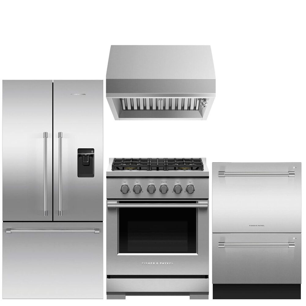 Fisher and Paykel 4-Piece Kitchen Package with 20.1 Cu. Ft. French Door Refrigerator and Gas Range in Stainless Steel, , large
