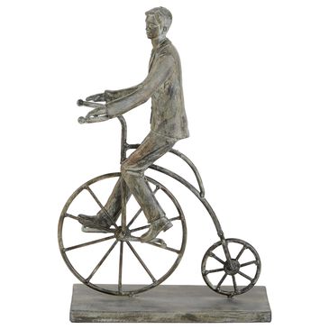 Maple and Jade 13" Man and Bicycle Sculpture in Rustic Grey, , large