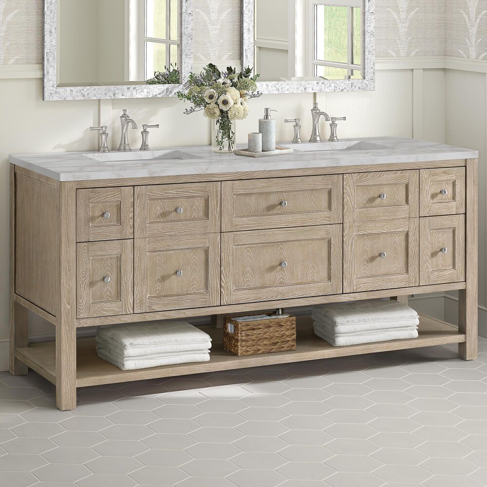 James Martin Vanities Breckenridge 72" Double Bathroom Vanity in Whitewashed Oak with 3 cm Eternal Jasmine Pearl Silestone Top, Rectangular Sinks and FreePower Wireless Charger, , large