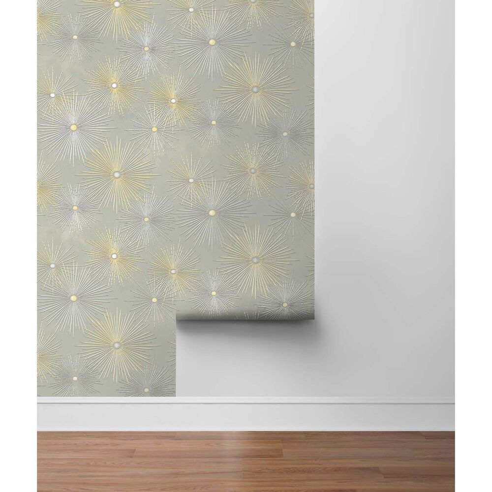 NextWall Starburst Geo 216" x 20.5" Peel and Stick Wallpaper in Silversmoke and Metallic Gold, , large