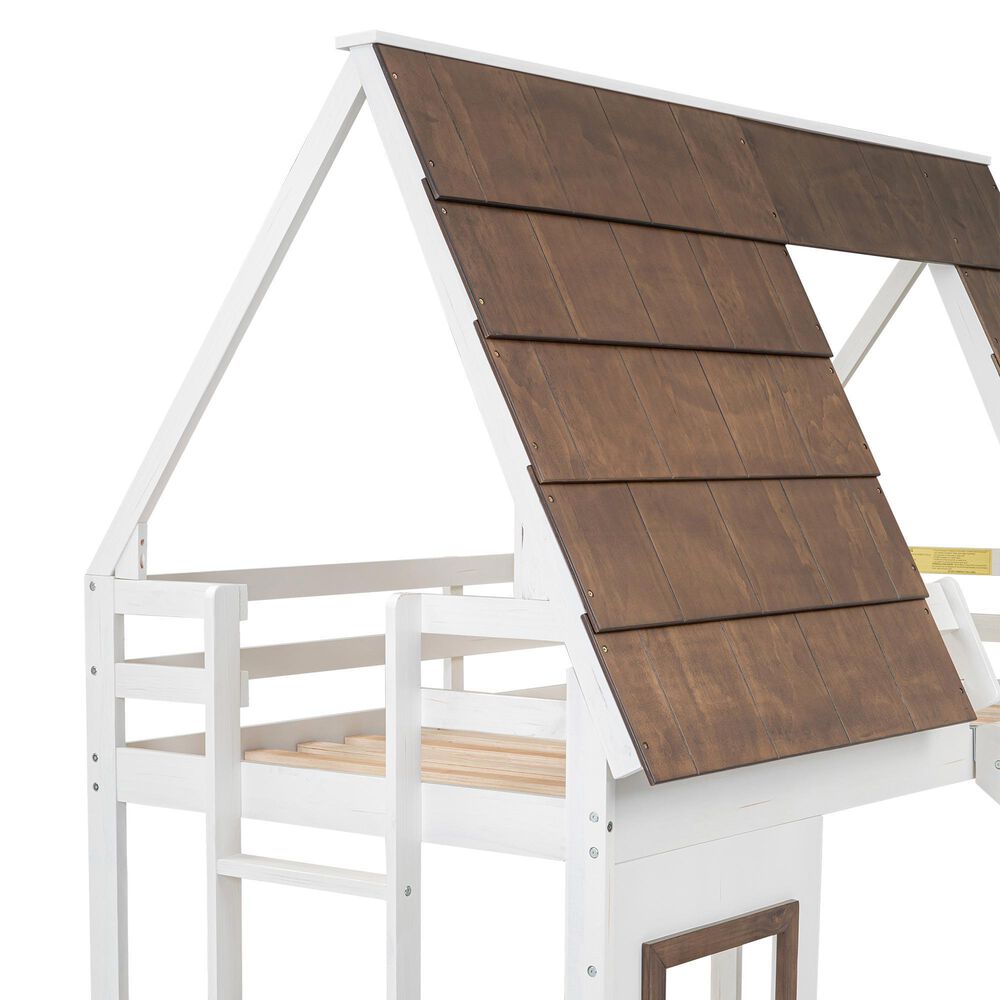 Hearth and Haven Twin over Twin House Bunk Bed with Roof in White and Brown, , large
