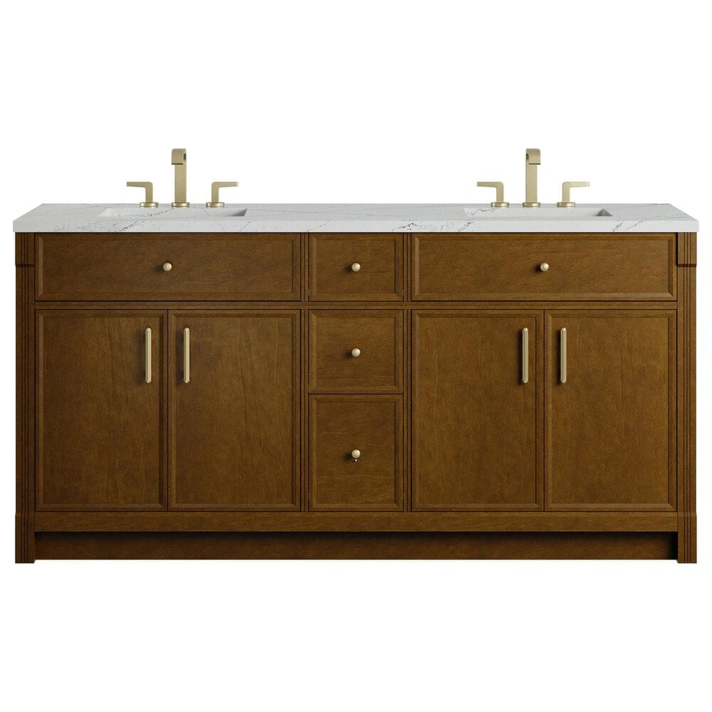 James Martin Bellshire 72" Double Bathroom Vanity in Honey Oak with 3 cm Ethereal Noctis Silestone Top and Rectangular Sinks, , large