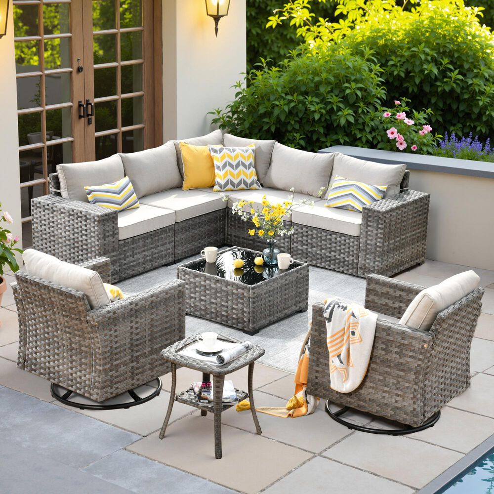 HOMLUX 9-Piece Wicker Sectional Patio Furniture Set in Beige, , large